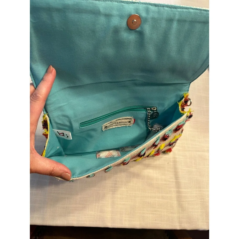 America & Beyond Beaded Boho Fringe Clutch Crossbody Bag Multi Color A472435